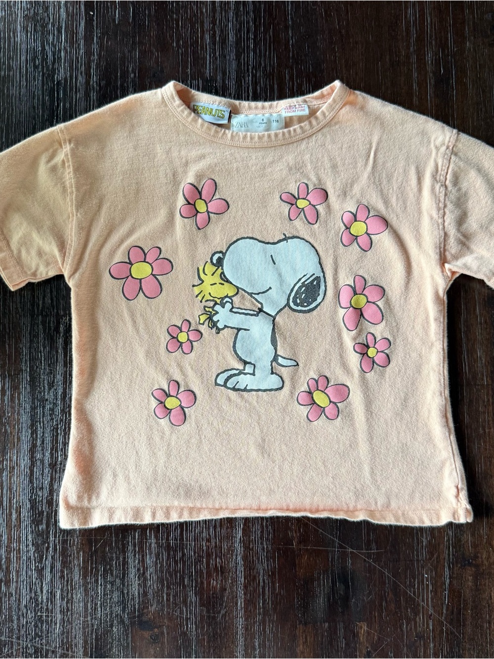 Zara Peach Kids Snoopy & Woodstock Flower Graphic Tee